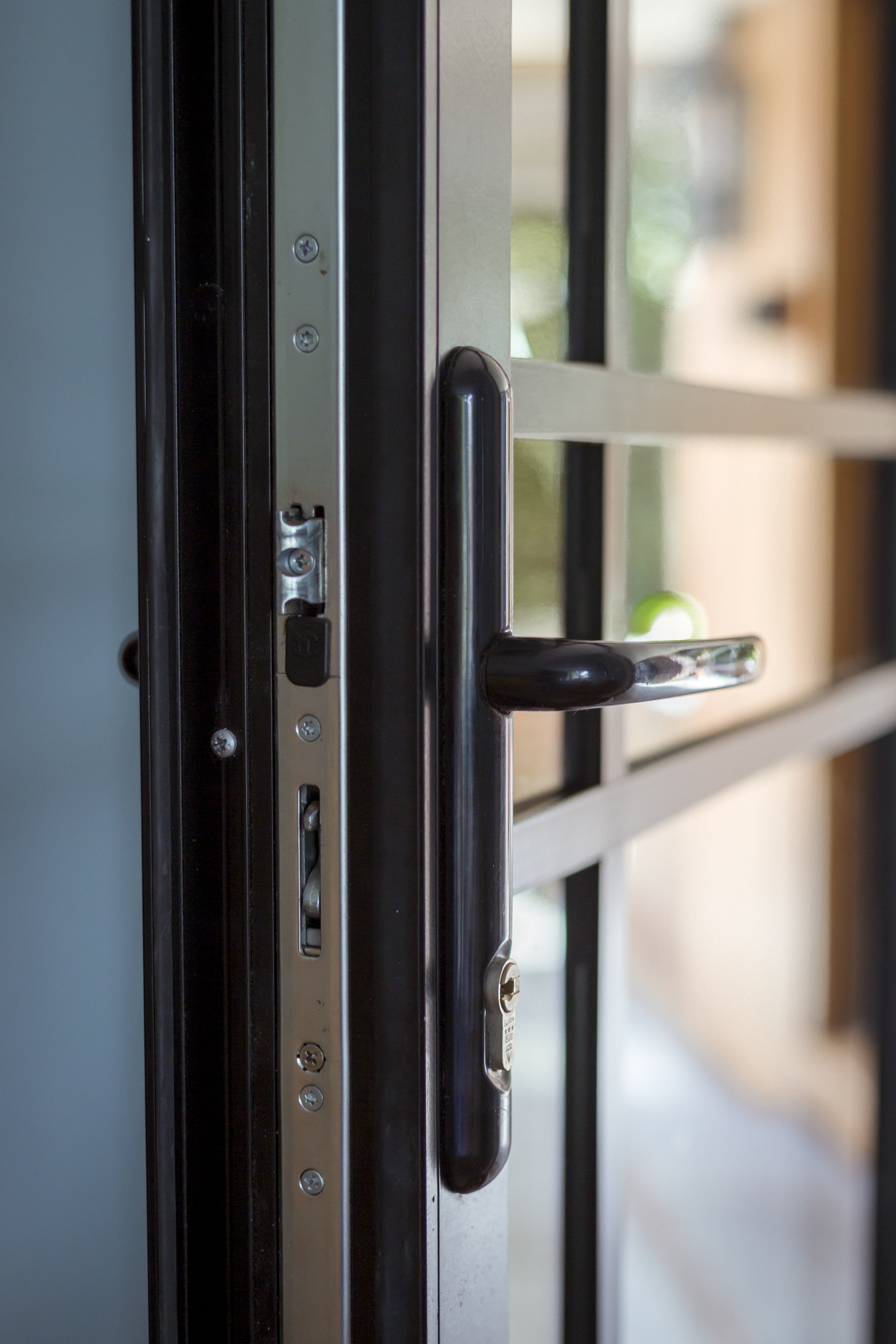 close up of single glass door with heritage bars